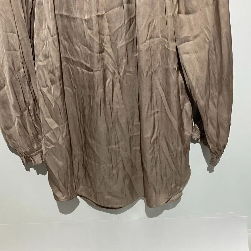 Carmen Marc Valvo Women's Taupe Tan Ruffles Neck Tie Satin Blouse Top Large‎ - Picture 7 of 8